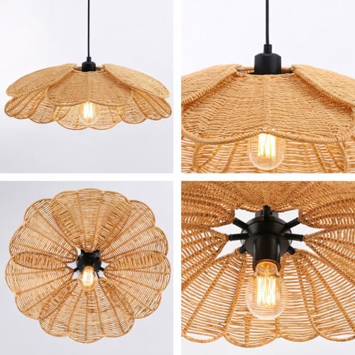 Image of Artica Farmhouse Rattan Chandelier - 1-Light Hand-Woven Wicker Pendant Light Fixture, Boho Hanging Ceiling Lamp for Dining Room, Kitchen Island, Bedroom & Living Room (Type 2)