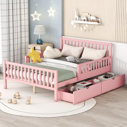 YOUJUNER Full Size Wood Platform Bed with Guardrails on Both Sides, Platform Bed with Two Storage Drawers for Girls Boys