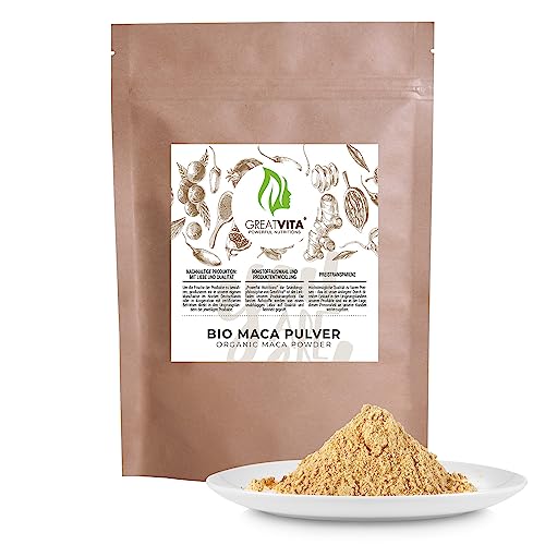 Maca Pulver Bio 400g | Premium Qualität | mit Zink + Vitamin/leicht erdig-nussiger Geschmack/aus kontrolliert biologischem Anbau aus Peru/GreatVita