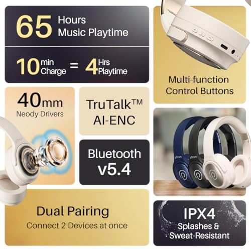 Image of pTron Studio Pro w / 65Hrs Playtime, Wireless Over Ear Headphones with HD Mic, Dual Device Pairing, TruTalk AI-ENC Calls, Low-Latency Game & Music, 40mm Drivers, BT5.4, Type-C Fast Charging (Cream)