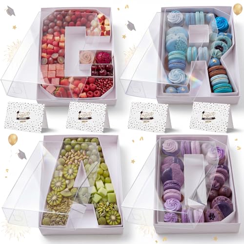 Gueevin 4 Set Grad Charcuterie Letters Fillable with Outer Box and Cards 10.35 x 7 White Grad Cardboard Food Serving Trays 2026 Graduation Numbers Charcuterie Box for Chocolate Candy Cupcake