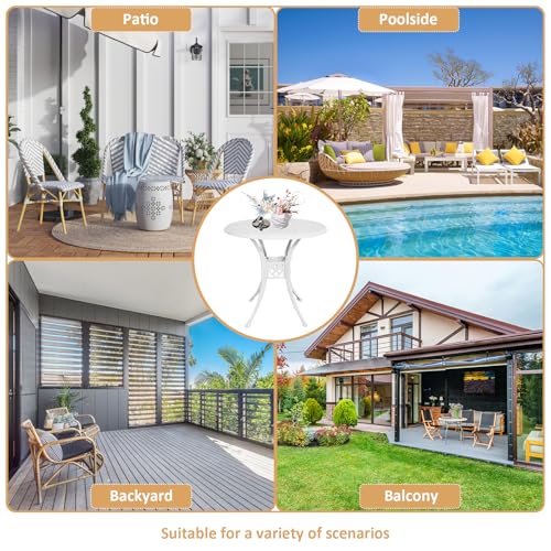 Image of 30 inches Patio Table with Umbrella Hole, Round Cast Aluminum Bistro Table for Porch Backyard, White