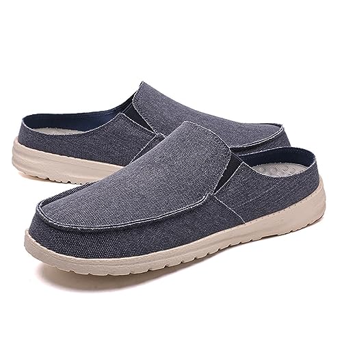 Mens Slip-On Canvas Flat Loafers Backless Round Toe Casual Walking Shoes Mules Lightweight Anti-Slip Soft Wear-Resistant Slippers Sandals