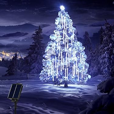 AMAZON - pinlo Solar Meteor Shower Rain Lights, 11.8 Inch*12 Tubes White Meteor Lights, Led Falling Rain Fairy String Lights for Party Tree Wedding Holiday Party Patio Decoration