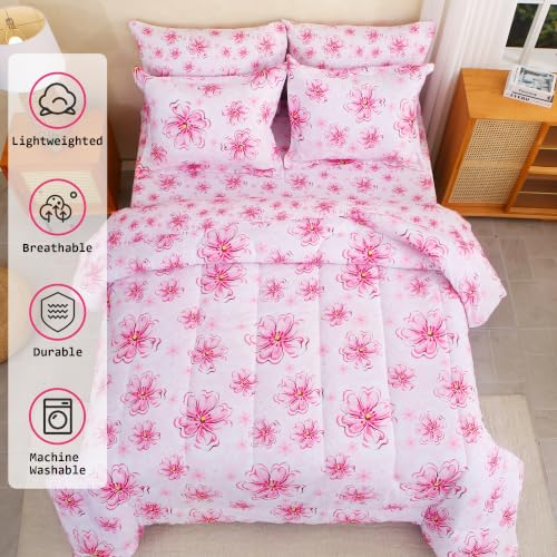 Image of lasoftan Floral Queen Comforter Set with Sheets, 7 piece Luxury Vintage Bedding, Soft Microfiber Bed in a Bag, Cozy Lightweight Bed Set, Pink Floral