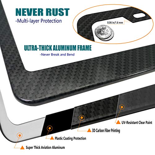 Aootf License Plate Frame Carbon Fiber- Black Aluminum Car Tag Holder Cover Printed Carbon Pattern With Stainless Steel Screws Caps, Front & Rear 2 Pack #TOP3