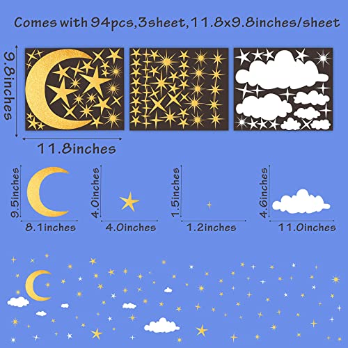 Moon Star Wall Decals Retro Star Wall Decals Starburst Vinyl Gold Wall Stickers White Cloud Wall Decals Sparkle Wall Stickers Gold Star Wall Stickers For Nursery Bedroom Kids Room Decor #TOP3