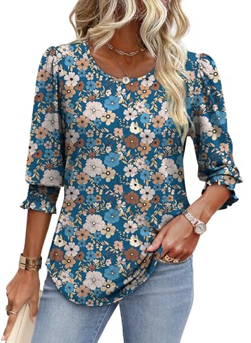 Image of XIEERDUO Blouses for Women Dressy Casual 3 /4 Length Sleeve Womens Tops with Smocked Cuffs