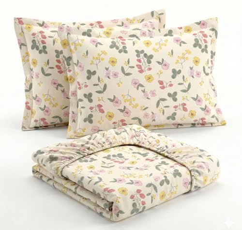 Image of VAS COLLECTIONS 300 TC Premium Cotton Fitted Bedsheet Set Double Bed 78x72+10 Inch | Soft Breathable Sheet with 2 Pillow Covers | Luxury Printed Bedding | Elegant Durable Bed Linen (Spring Ivory)