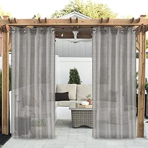 Joeoy 2 Panels Linen Textured Semi Sheer Outdoor Curtains for Patio, Waterproof Grommet Top Gray Sheer Curtains Panels with Rope Tieback, Keep Privacy for Pavilion/Porch/Yard/Cabin (54 by 96 Inch) Cover