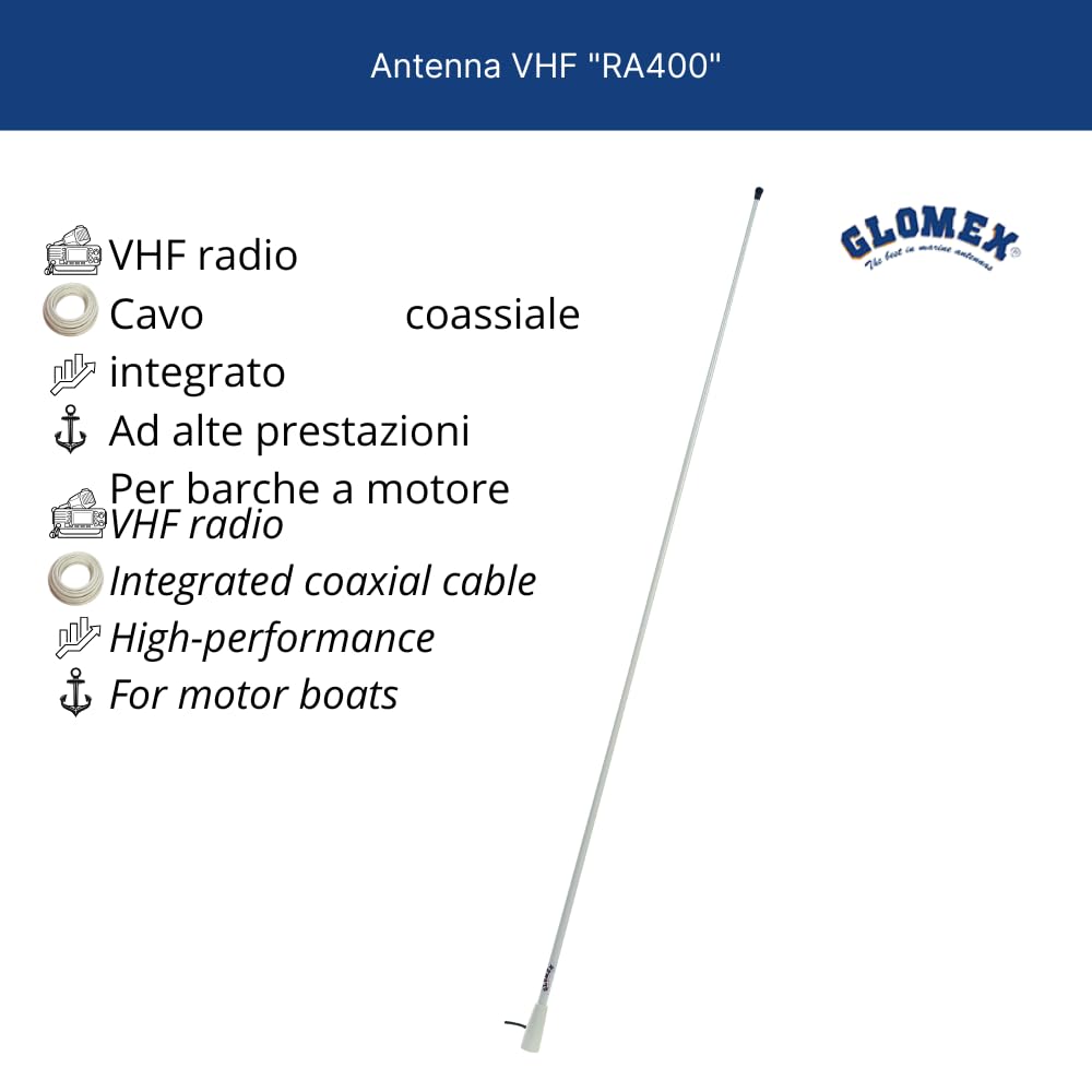Glomex – Antenna VHF "Basic Line" 1,5m (Bianco), Modello RA400 – Include Cavo 4,5m, Boccola Nylon, 3dB, DC Ground, Per Barche a Motore – Qualità Conveniente
