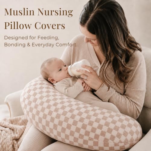Image of Konssy 2-Pack Muslin Nursing Pillow Covers, Coffee Soft Slipcover for Baby | Covers Only, 100% Cotton, Hidden Zipper, Washable, Breastfeeding Pillows Covers for Newborn Boys & Girls, (Coffee Check,moon)