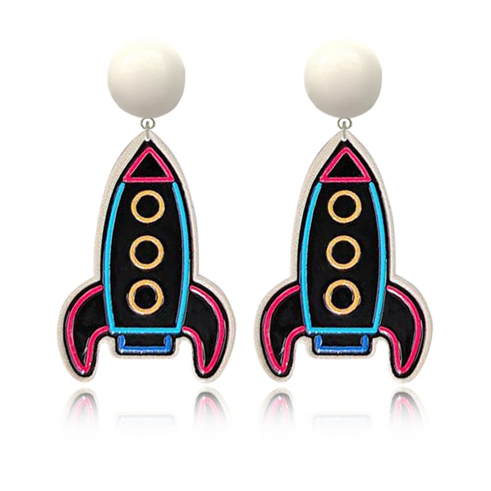 SUANTIANMGANXIN Unique Handmade Cartoon Black Embossed Print Rocket Planet Earrings Chic Lightweight Creative Acrylic Drop Dangle Earrings For Women Jewelry Gifts