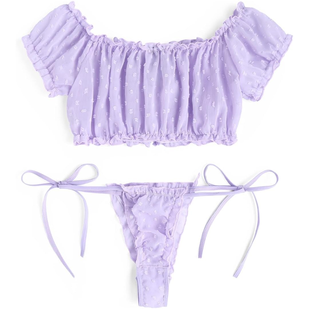 Sexy outfit Damskie seksowne biustonosze i majtki w kropki komplety bielizny Babydoll Strappy przezroczyste wykończone frędzlami bielizna z uroczą kokardką G String