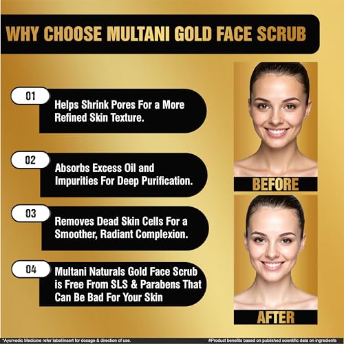 Image of Multani Naturals Gold Face Scrub (100ml + 25ml Free) Pack of 2 | Deep Exfoliating Facial Scrub for Glowing Skin | Removes Dead Skin & Blackheads | Suitable for All Skin Types