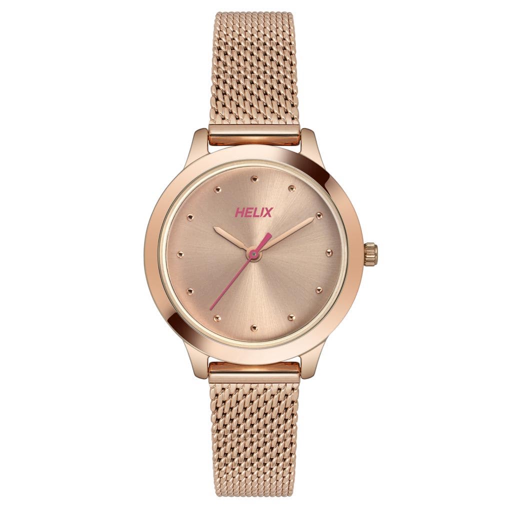 Helix by Timex Rose Gold Round Analog Watches for Women| Quartz Movement Stainless Steel Mesh Bracelet Ladies Watches| Upto 30m Water Resistance with Foldover Clasp Closure | Gift for Women TW022HL25 (B0D75VZK78) Amazon Price History, Amazon Price Tracker