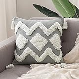 MIULEE Decorative Throw Pillow Cover Tribal Boho Woven Pillowcase with Tassels Diamond Design Super Soft Pillow Sham Cushion Case for Sofa Couch Bedroom Car Living Room 18X18 Inch Gray White