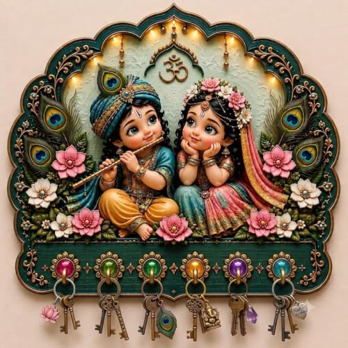 Image of Wooden Radha Krishna Printed Key Holder