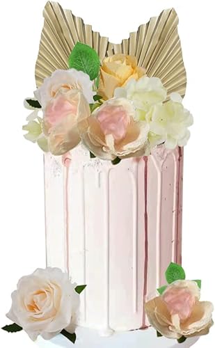 Miniatura 3 de BANBALLON Decoración bohemia para tartas de flores, hojas de palma, decoraciones de pastel con rosa artificial para fiestas de cumpleaños, bodas,