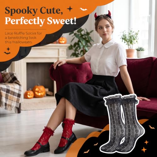 Image of Women Lace Ruffle Socks White Black Frilly Lolita Crew Dress Socks