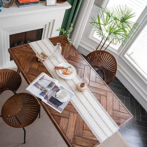 Alynsehom Macrame Table Runner Cream Beige Boho Table Runners with Tassels Hand Woven Cotton Table Runner Rustic Farmhouse Table Runners for Bohemian Kitchen Dining Table(12x108in) - 5