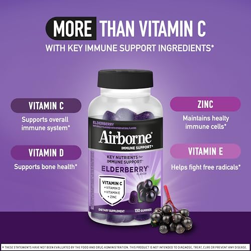Image of Airborne Elderberry + Zinc & Vitamin C Gummies for Adults,Immune Support with Antioxidants Vitamins C,D & E,Elderberry Flavor,130 Count (Pack of 2)