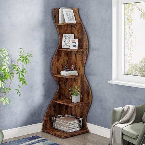 Image of Tribesigns Corner Shelf, Rustic 5-Tier Wall Corner Bookshelf, Stylish Corner Small Bookcase Storage Rack Plant Stand with Unique Shape for Living Room, Home Office (1PC, Brown)