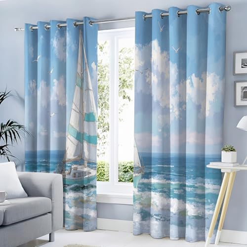 Lot de 2 Rideau Bateau À Voile Style De Peinture À l'huile 140x180cm Imprimes Rideaux pour Fenetre de Salon Moderne Cuisine Chambre Adulte à Oeillets...