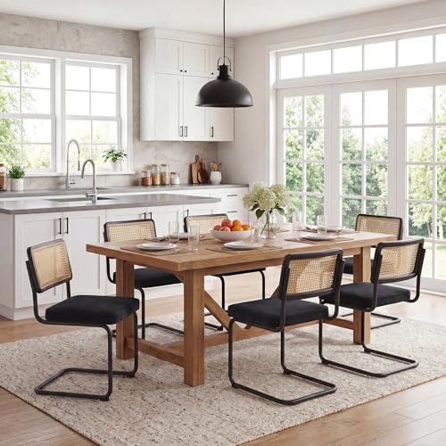 Image of Zesthouse Natural Rattan Dining Chairs Set of 2, Modern Dining Room Chairs with Solid Wood Back for Kitchen Living Room, Mid Century Breuer Design Inspired, Upholstered Velvet Fabric, Black