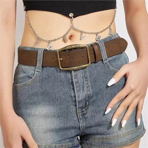 Brown Flo`ral Embossed Belt, American Style, DistressedDenim Accessory, Casual Ethnic Leather Belts 1 piece3