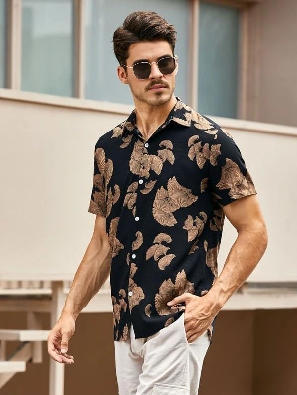 Image of LookMark Men's Trendy Cotton Blend Spread Collar Grey Color Printed Shirt