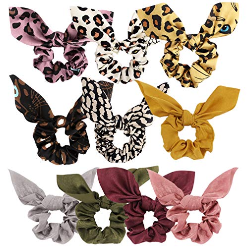 10 Packs Bunny Ear Scrunchies, Taomoder Soft Silk Leopard Scrunchies Hair Bows Satin Hair Scrunchies for Women Cute Scrunchies for Hair Ponytail Holder Hair Ties Elastic Hair Bands