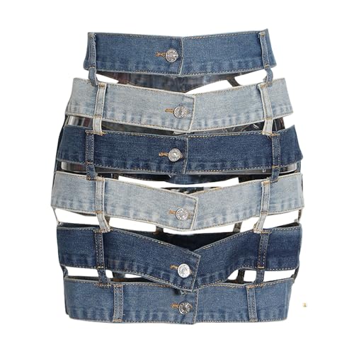 AINIFU 6-Section Splicing Denim Skirts for Women Ladies- Blue Jean Skirt with Pockets Sexy Decorative Skirt