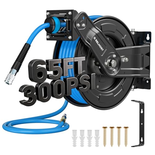 Retractable Air Hose Reel, 65 ft x 3/8 in Hybrid Air Hose Max 300PSI, Heavy Duty Air Compressor Hose Reel with Dual Arms, Auto Rewind, 180° Swivel Ceiling/Wall Mount for Garages, Workshops 6