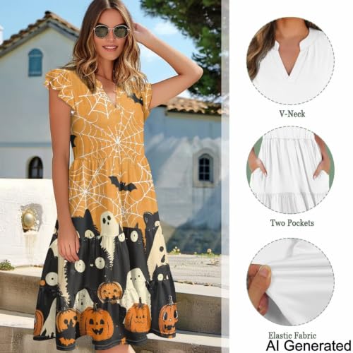 Image of Womens Summer Dress Ruffle Sleeve V Neck Dress Casual Fit Flowy Beach Vacation Sundress with Pocket S-2XL