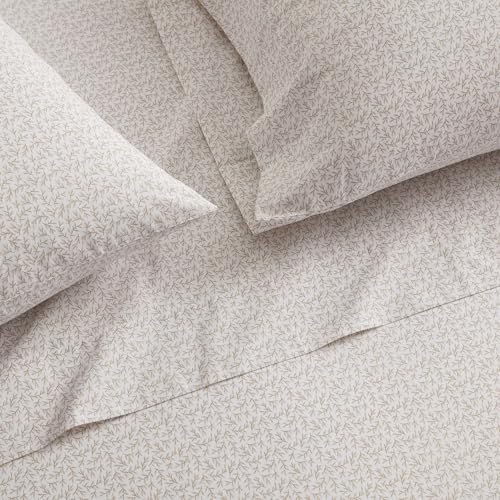 Image of Martha Stewart - King Size Sheets Set, Crisp & Tailored Cooling Sheets w /a Naturally Smooth Cotton Percale Lightweight Feel - Bed Sheets with Matching Pillowcases & Fitted Sheet (Leaves Beige)