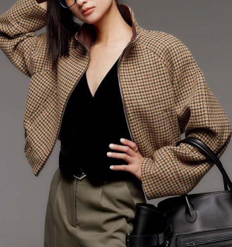 CHARTOU Women Cropped Wool Jacket Houndstooth Plaid Fall Winter Peacoat Outwear2