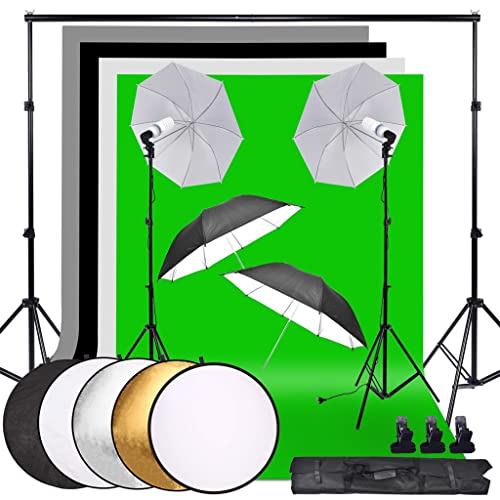 Image of Studio Umbrella Photo Lighting Backdrop Kit + 4 Backdrops + 2 Umbrellas + 2 * 135w Light Bulbs + Reflecor+ Backdrop Stand (Color : A Size : Kit)