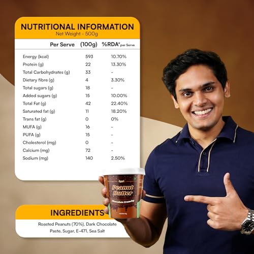 Image of Swaadly Chocolate Crunchy Peanut Butter 500 GRAMS | High Protein Spread | Source of Dietary Fibre | No Palm Oil | Made with Natural Ingredients | Healthy Breakfast & Fitness Snack