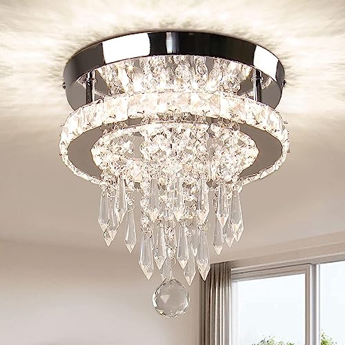 Small Chandeliers, Modern Crystal Chandelier - Raindrop Design, Semi-Flush Mount Ceiling Light, 10'' Mini Chandelier for Bedrooms, Hallway, Kitchen, Living Room, Girls Room