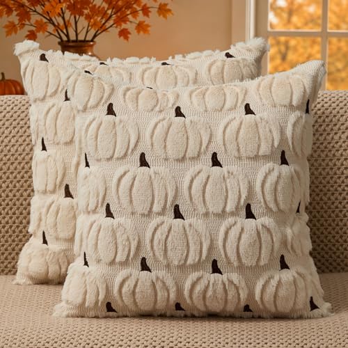 DFXSZ Fall Pillow Covers 18x18 2Pcs Beige Brown Pumpkin Fall Decorations by DFXSZ - Used condition - US$17.09