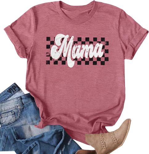Mama Shirt for Women Checkered Mama Tshirts Funny Retro Mom Letter Print Tee Tops