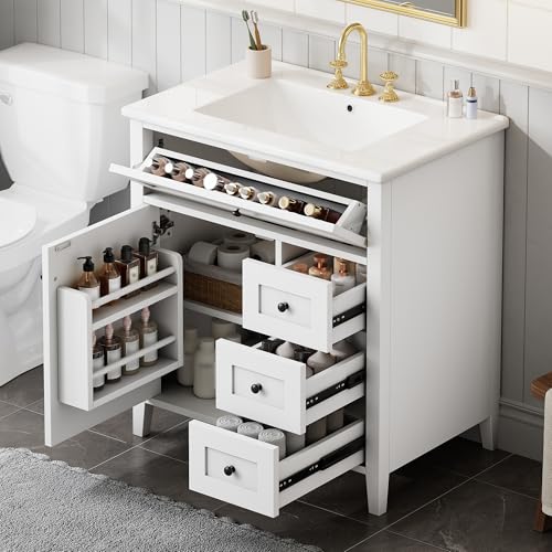 Image of 30 inch Bathroom Vanities with Top Set, Cabinet with Right-Side Multi-Functional Tip-Out Drawer and Adjustable Shelf, Soft-Closing Door, Solid Wood Legs, White