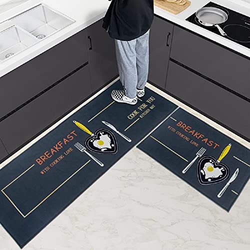 Image of HomeCloud Rectangular Kitchen Mat | Anti-Slip, Soft, Washable, Printed Designs for Floor, Kitchen & Room (6mm Thick) Pack of 2 Contain (1 Large (41 X 122 Cm) 1 Small 41 X 61 Cm) (Breakfast N)