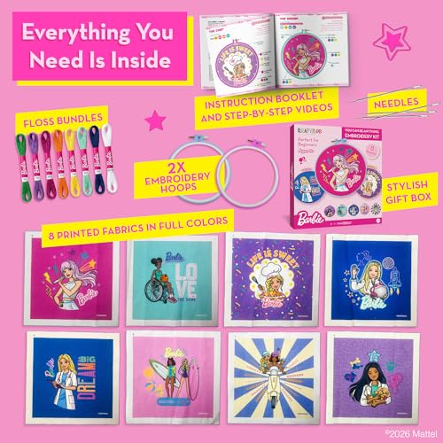 Image of Barbie Embroidery Kit for Kids Ages 8-12 - 8 Beginner Designs, 2 Hoops