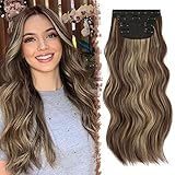 FESHFEN Clip in Extensions, 4PCS 50 cm Haarverlängerungen mit Clips Synthetik Gewellte Haarextension Blond Hervorgehobenes Mittelbraun Wavy Haar Extensions Clip in Haarteil für Frauen, 180g