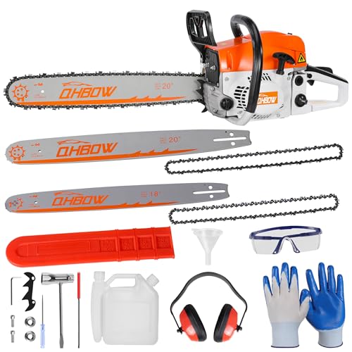 58cc 2-Cycle Gas Powered Chainsaw, Gas Chainsaw 20 in & 18 in Quick-Switch Bars, Handheld Cordless Gasoline Chain Saw for Tree Felling, Firewood Cutting, Wood Cutting and Tree Trimming