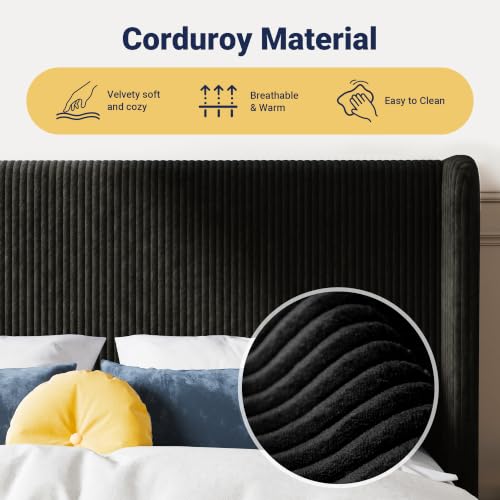 Image of Allewie Queen Size Platform Bed with Corduroy Wingback Headboard, Black