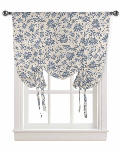 ARTSHOWING Tie Up Curtains for Windows 45 Inch Length Balloon Curtains Kitchen Adjustable Roll Up Curtain Shade Retro Abstract Floral Texture Blue Tie Up Valance Bathroom Curtain Window 42