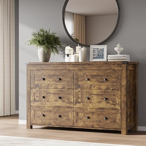 Image of BORNOON 6-Drawer Dresser, Modern Wooden Storage Chest of Drawers, Dresser TV Stand, Wood Drawer Organizer with Metal Handles for Bedroom, Living Room, Hallway